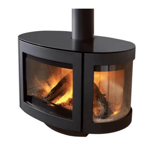 Poêle à bois suspendu Black Diamond de Wanders, triple vitrage pour une vue à 180°, design contemporain