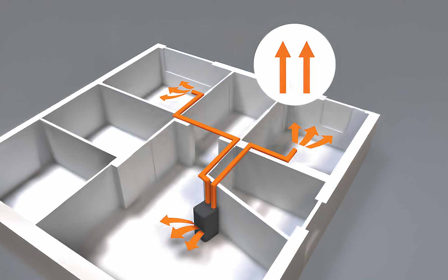 Schéma de diffusion de chaleur d’un insert à granulés canalisable dans plusieurs pièces