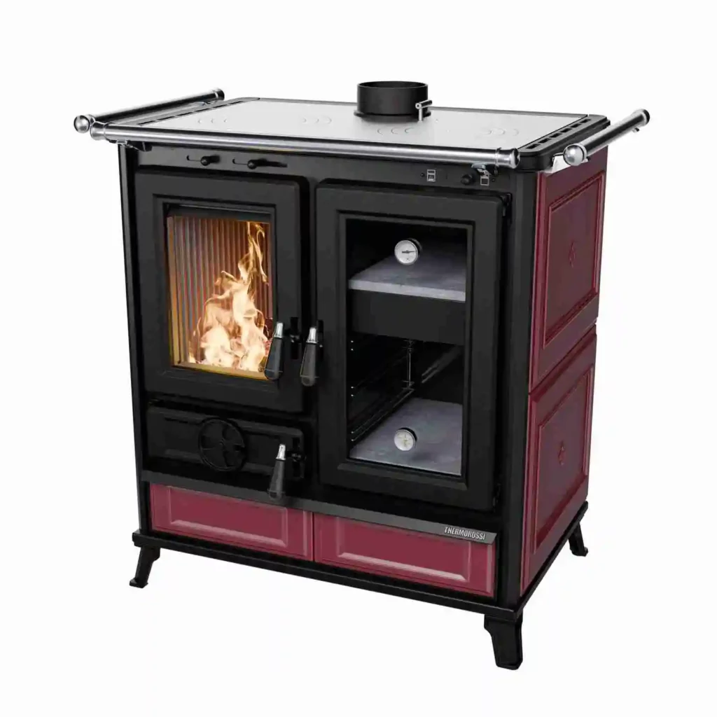 Cuisinière à bois Thermorossi Melissa bordeaux avec double four et finition en faïence