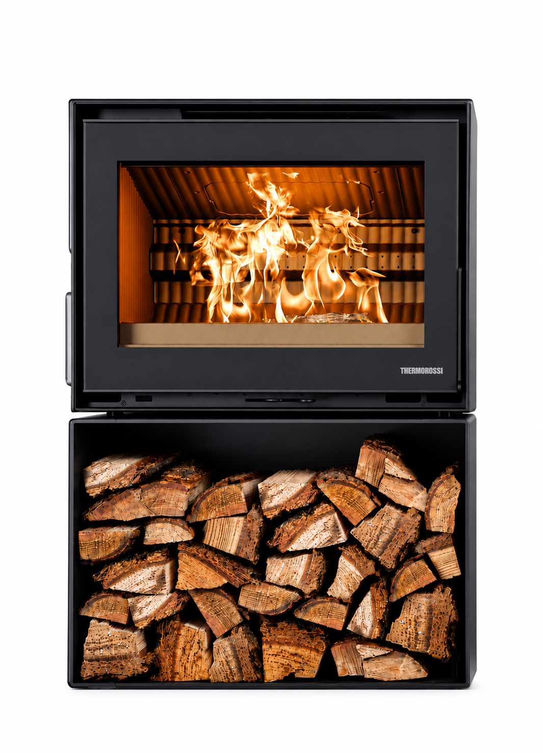 Grand poele a bois horizontal Moodnight de Thermorossi avec bucher, pour buches de 50 cm.