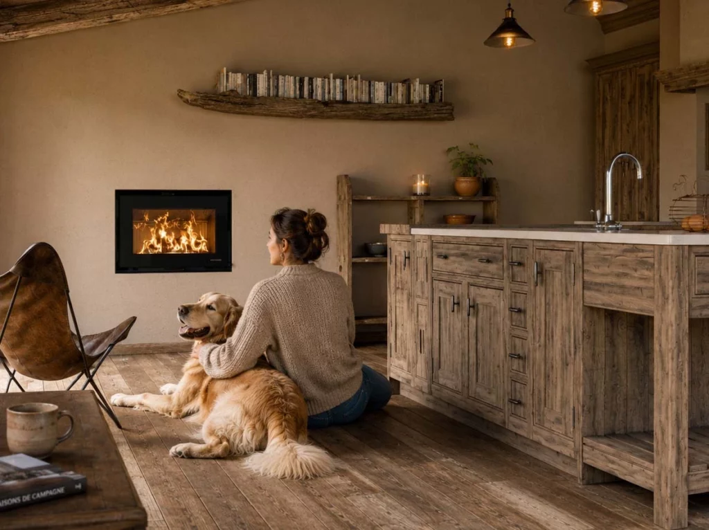 Insert à bois Thermorossi Skyline dans une cuisine ouverte avec salon chaleureux