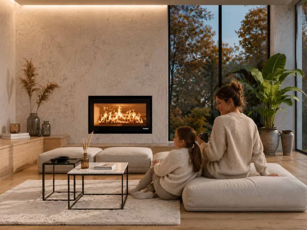 Insert à bois Thermorossi Skyline dans un salon moderne avec vue panoramique sur les flammes
