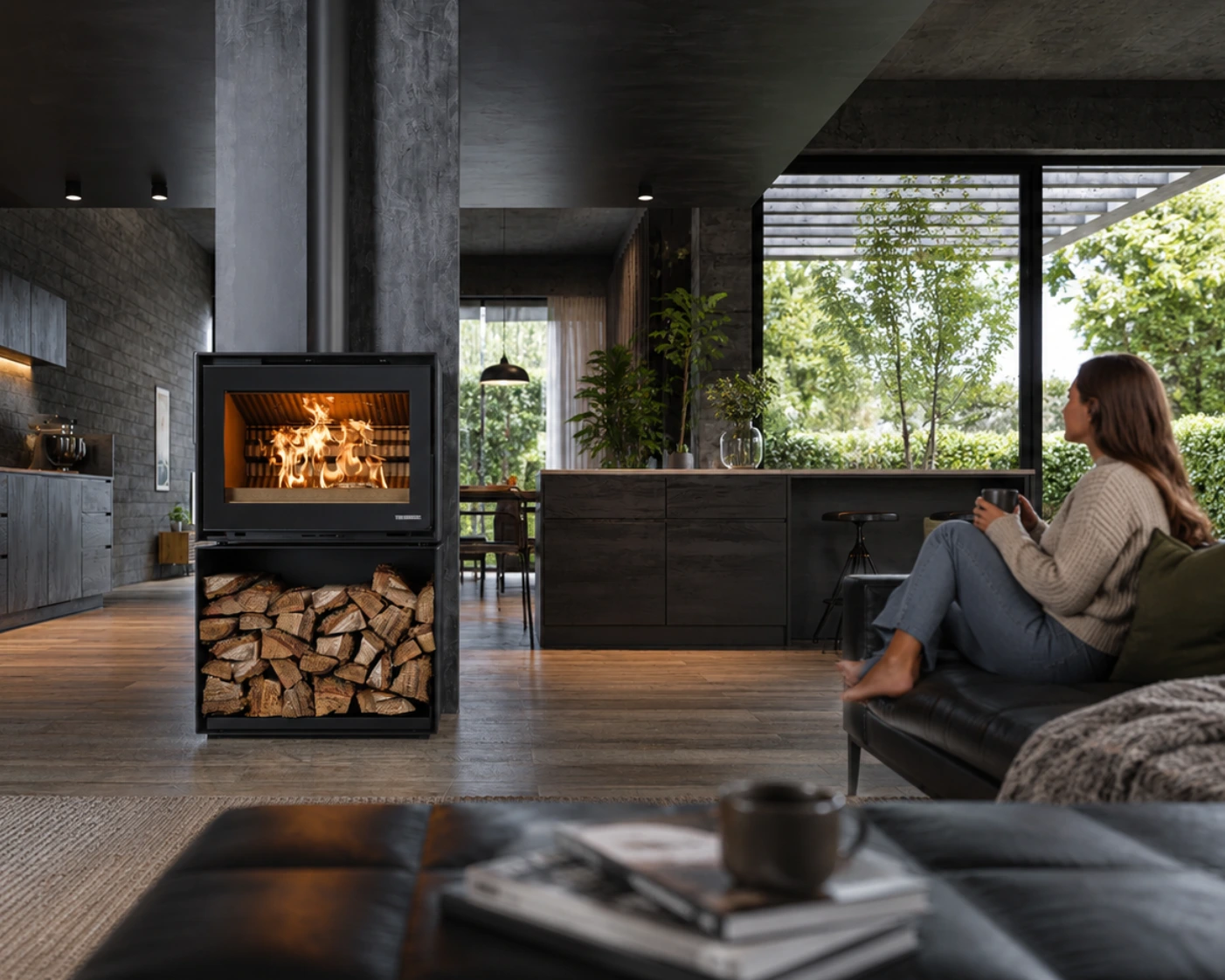 Grand poele a bois horizontal Moodnight de Thermorossi avec bucher integre et grand foyer pour buches de 50 cm.