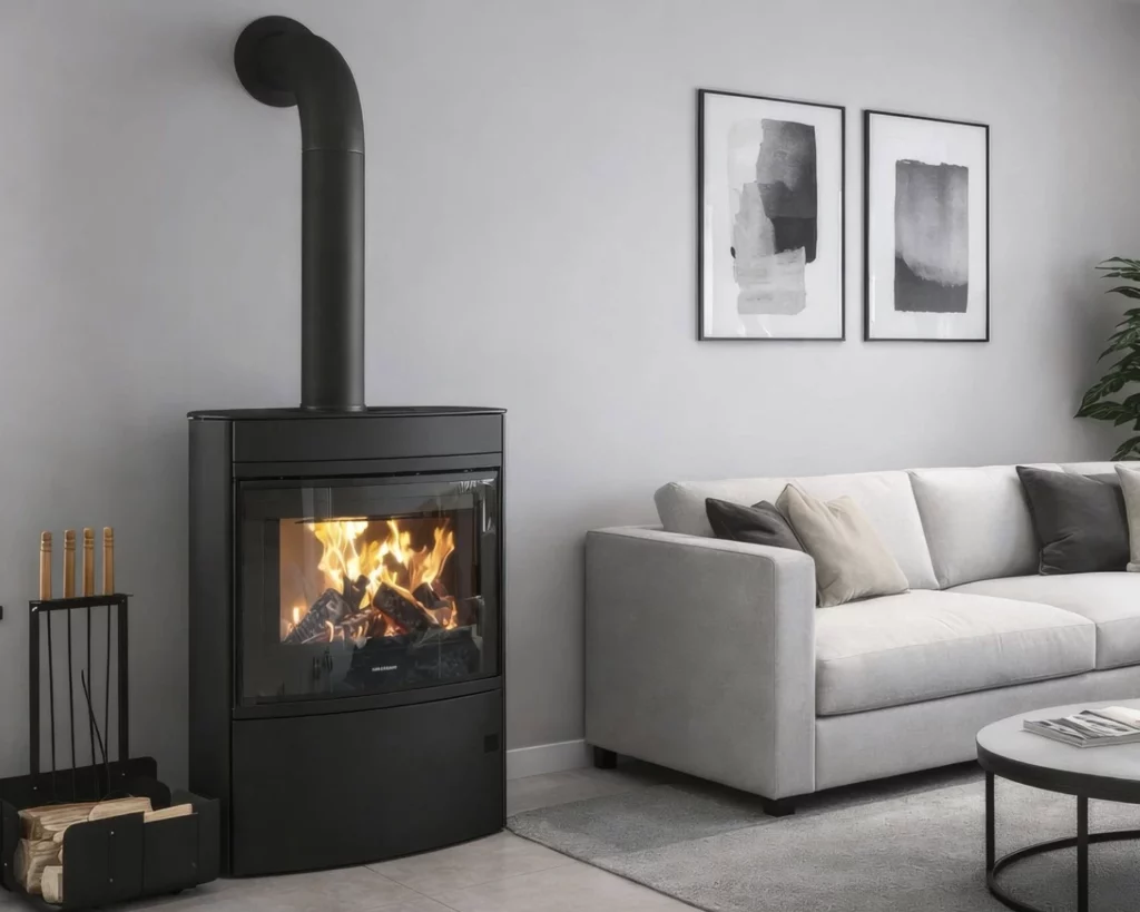 Poele a bois noir Feras de la marque Oranier compatible buches de 50 cm installe dans un salon moderne.