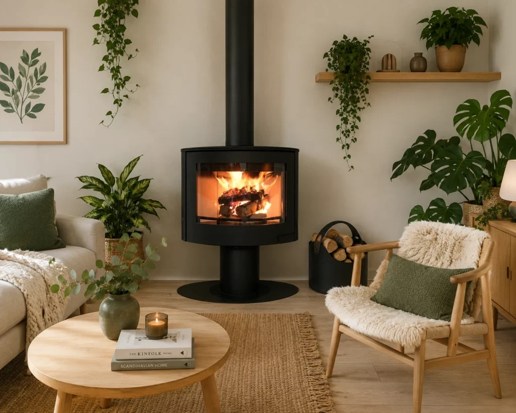 Poele a bois sur pied Elyps de Denia acceptant les grandes buches 50 cm dans un salon scandinave chaleureux.