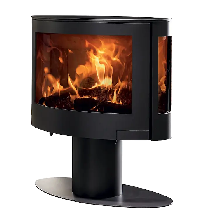 Poele a bois ovalise Elyps de Denia Stoves sur pied central, compatible buches 50 cm, vue de face.