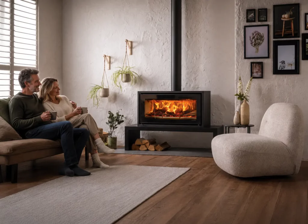 Couple relaxe dans un salon moderne profitant du feu d'un poele a bois Studio 2 de la marque Stovax.