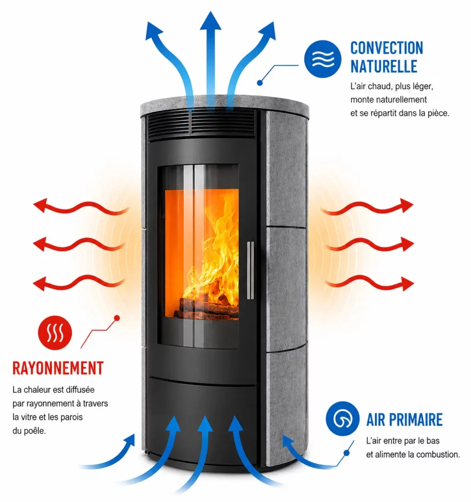 Schéma d’un poêle à bois montrant la convection naturelle, le rayonnement et l’arrivée d’air primaire