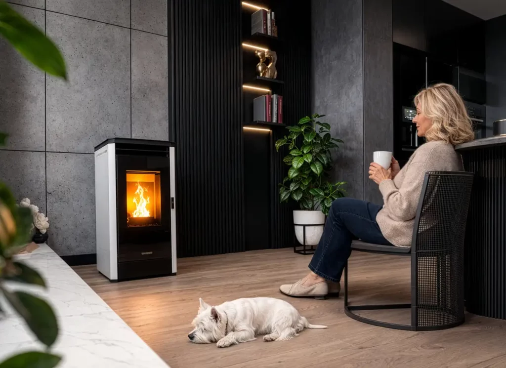 Poêle à granulés programmable dans un intérieur moderne avec chien